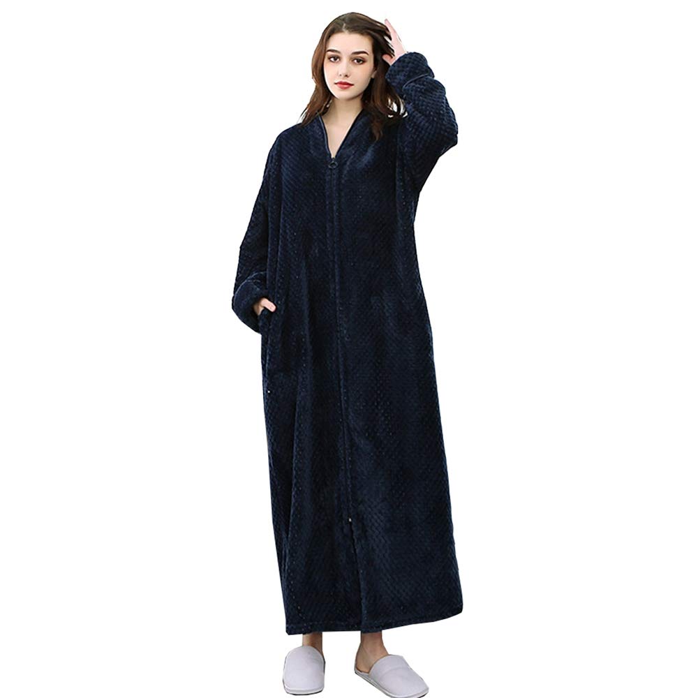 Long Fleece Bath Robe for Women Zipper Spa Bathrobe Flannel Nightgown Housecoat