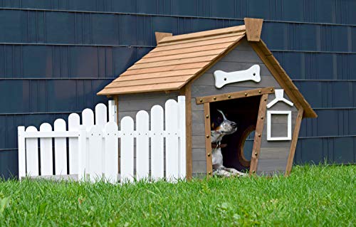 dobar® Große Hundehütte Porch - Hundehaus Massivholz - Hundekäfig Spitzdach mit Veranda - Holzhütte für Mittelgroße Hunde Haustierhütte wetterfest - 146,3 x 90 x 96 cm - Grau