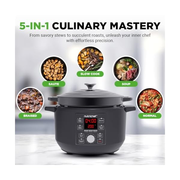 6 quart electric dutch oven 1500w 5 in 1 enamel coated cast iron pot with stainless steel lid precise temperature control includes 2 silicone pot holders heat resistant pad black  urban country home decor