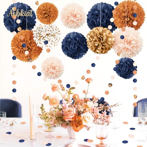 Image of AOBKIAT Burnt Orange Fall Party Decorations for Thanksgiving & Halloween | Baby Shower,Bridal Shower,Celebration,15PCS with Orange Navy Blue Gold Peach Tissue Paper Pom Poms,Party Garland String