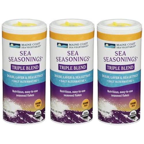 Maine Coast Sea Vegetables Organic Triple Blend Flakes Shaker, Mix of Dulse, Laver, Sea Lettuce Seaweed, Perfect for Salads, Soups, Snacks, Gluten-Free, Iodine-Rich Seasoning, 1 oz, 3-Pack
