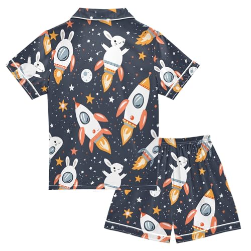 ALAZA Space Bunny Spaceship Rabbit Pajamas Satin Pajama Set Short Sleeve Button Down Sleepwear2