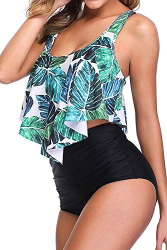 Image of Women High Waisted Bikini Swimsuit Flounce Vintage 2 Piece Bathing Suits | Vintage,tummy control,two piece bathing suits,plus size,swimwear,ruffled,tankini top,bikini bottom