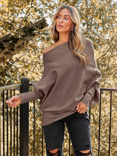 Lillusory Womens Batwing Oversized Sweaters Assymetrical Off The Shoulder Boat Neck Wrap Tunic Tops Fall Fashion Cloth Outfit Nutmeg Large thumb #1