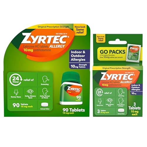 Zyrtec 24 Hour Allergy Relief Tablets, Cetirizine Tablets for Symptoms Like Sneezing, Runny Nose, Itchy, Watery Eyes, 90-Count Size Plus 3x1-Count Packs