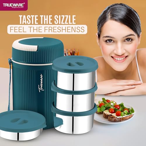 Image of Trueware GRUB 4 Double Wall Insulated Hot Lunch Box with 3 SS Container 300 ML Each & 1 SS Container 200ML | Bpa Free | Food Grade | Hot and Fresh Ma (LBI-GRB-004-Blue BAZ)