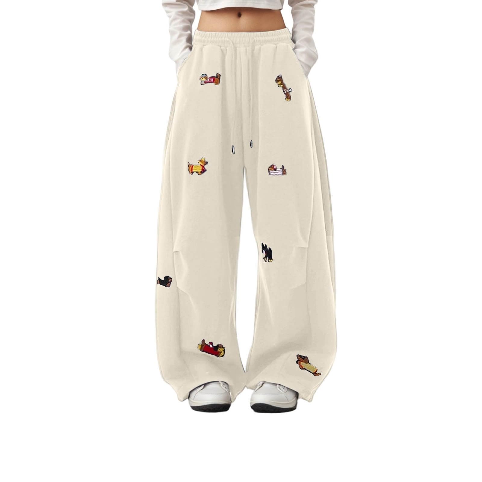 Men's and Women's Cute Dachshund Print Jogging Pants with Elastic Waistband and Drawstring, Baggy Leisure Sports Pants for Streetwear, white, XXL