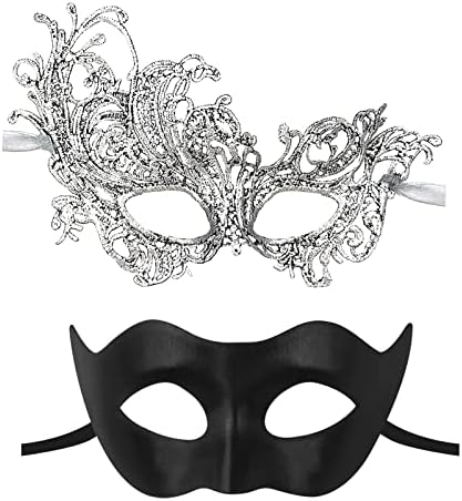 IncreDecor Couple Masquerade Lace Mask Set, Fit for Women & Men Venetian Halloween Masks, Specially for Costume, Mardi Gras (Black Silver Couples)