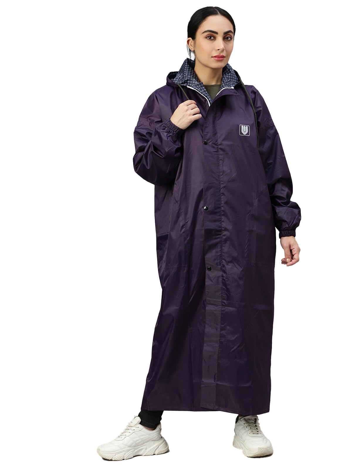 Women's Polyester Waterproof Petals Standard Length Long Sleeves With Adjustable Hooded & Zipper Reversible Raincoat For Rainy Weather-picture-56
