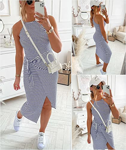 NOLLSOM Women Casual Sleeveless Striped Tank Midi Dresses Halter Neck Ruched Bodycon Dresses Tie Waist T Shirt Summer Dress4