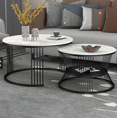 Image of Iron Frame Handmade Round Coffee Table /Nesting Table /Side Table /Center Table with Engineered Wood Top for Living Room /Drawing Room /Balcony (Set of 2 White & Black)