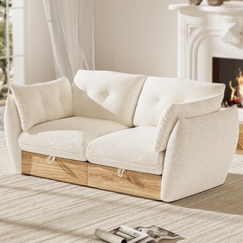 Image of 70 inch Loveseat Sofa with Storage, Cotton and Linen Fabrics Modern Oversized Modular Sectional Cloud Couch with Armrest Pillow, Easy Assembly for Small Spaces, Ivory