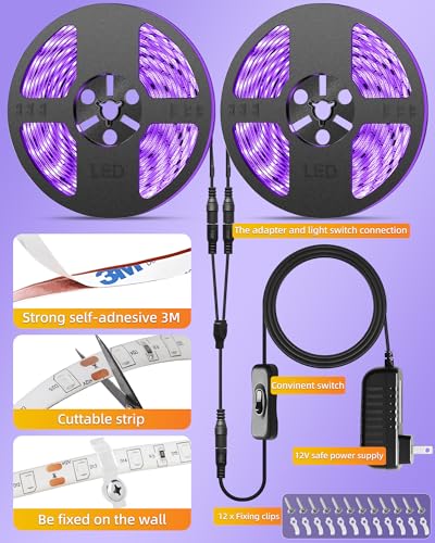 Image of IP65 Waterproof LED Black Light Strip Kit 40ft /12M 720 LEDs, 12V Flexible Blacklight Fixtures, 385-400nm, Black Light LED Strips for Glow Party Body Paint Outdoor Indoor Decor Birthday Party Halloween