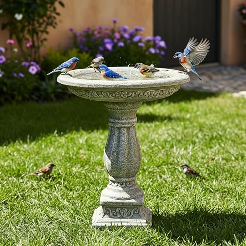 SKYFIRE 23.8 Tall Pedestal Bird Bath for Outdoor Antique Weathered Concrete Birdbath with Decorative Carving Durable Freestanding Fiber-Reinforced Cement Bird Bath for Garden Patio Lawn Backyard