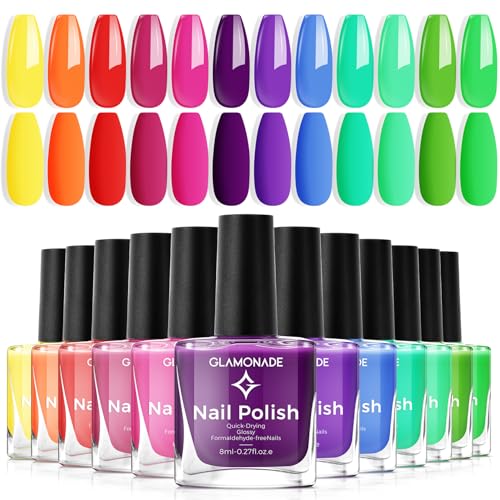 Glamonade Bright Nail Polish Set: 12 Colors Rainbow Summer 8+day Long Lasting Fingernail Polish kit Air Quick Dry Home DIY Manicure Gifts for Women Girls