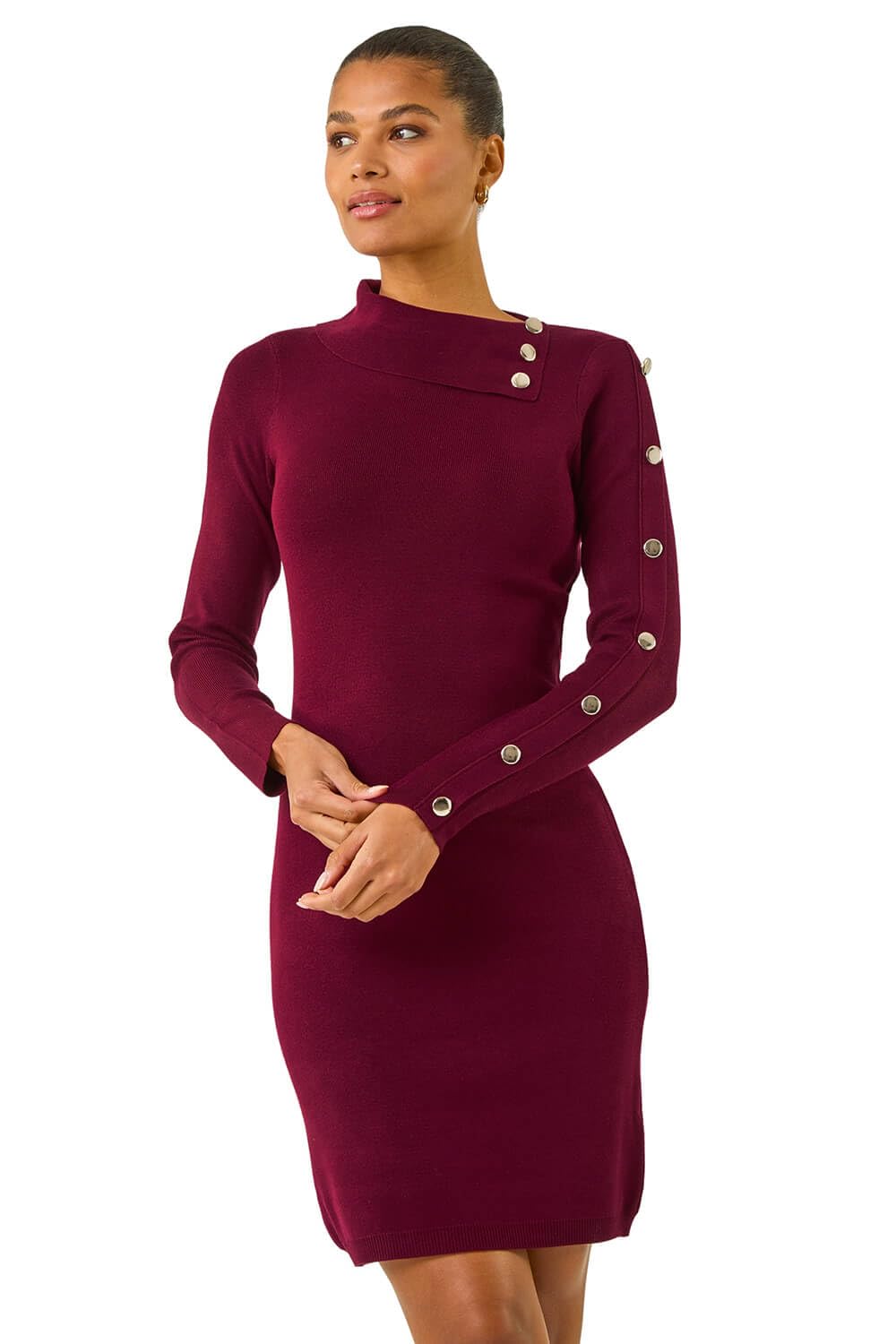 Roman - Women's Jumper Dress - Roll Neck - Button Detail - Wine - Size 16