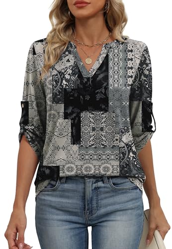 Image of XIEERDUO 3 /4 Length Sleeve Womens Tops V Neck T Shirts Both Side Buttons Blouses Business Casual Outfits Loose Fit