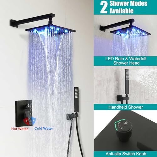 Sistema de Ducha SKOWLL Waterfall con Montaje en Pared, Ducha de Lluvia LED de 10 Pulgadas, Cabezal de Ducha Tipo Lluvia con Handheld, Válvula de Latón de 2 Funciones, Negro Mate miniatura 4