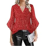 Haut Paillettes Femme Soirée, Haut Femme Chic Et Elegant Soiree Pas Cher T Shirt Col V Disco Sequin Top Manches Longues Deguisement Carnaval(Rouge,XXL)
