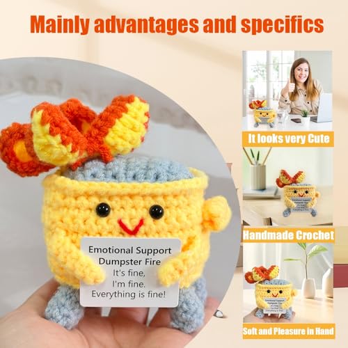 Image of RovyFota Handmade Crochet Dumpster Fire Plush - Stress Relief Amigurumi for Adults & Teens, Funny Desk Decor, Emotional Support Gift for Coworkers, College Students, Roommates (Yellow)