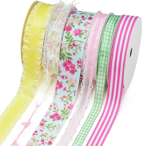 LaRibbons Spring Ribbon Set Assorted Craft Ribbons 5 Yards Each Multi-Width Decorative Ribbon for Gift Wrapping DIY Bows Easter Crafts Floral Arrangements