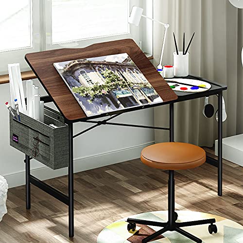 Modern Adjustable Drafting Table Drawing Table 47 inch Craft Drawing Desk with Storage Tiltable Tabletop Home Office Desk Writing Desk, Dark Walnut, Artswish