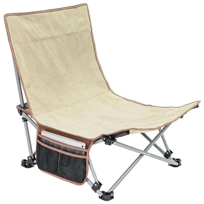 Gorocking 折りたたみリクライニングチェア アウトドアチェア 角度調節 軽量 折りたたみチェア 収納ポケット付き キャンプチェア 室内チェア コンパクト収納 持ち運び便利 (カーキベージュ, コンパクト)