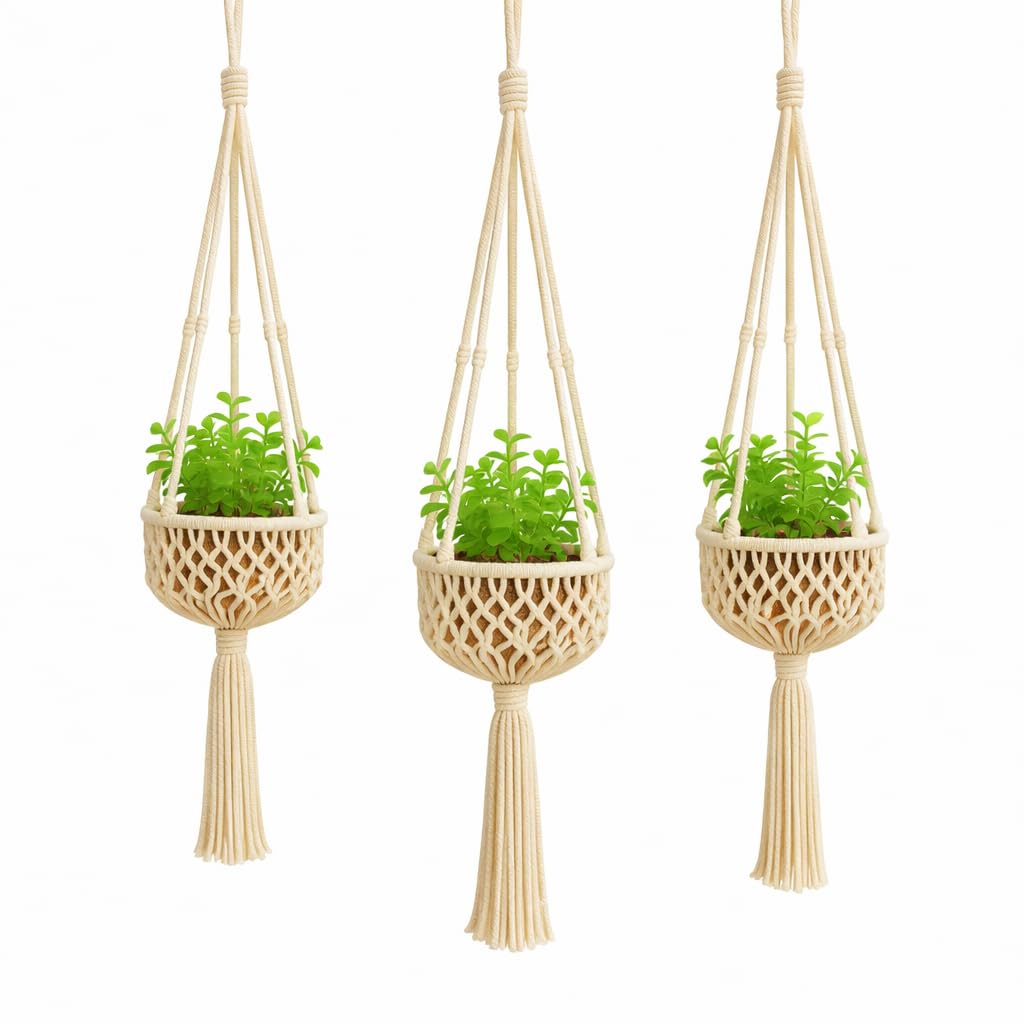Macrame Plant Hanger Handmade Cotton Rope Hanging Planters for Indoor & Outdoor Décor | Boho Wall Hanging Pot Holder for Balcony, Living Room, Garden (Off White) Set of 3-image-30