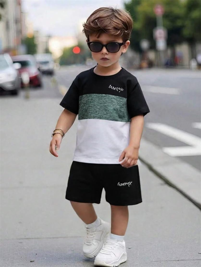 Toddler Kid Boy Clothes Colorblock Letter Graphic Tee Shorts 2PC Summer Outfit Set - Image 4