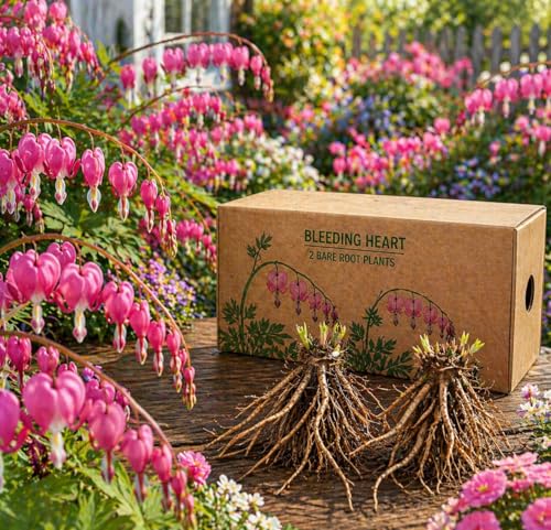 2 Pink Bleeding Heart Bare Root Perennial Plants Heart Shaped Pink Blooms Easy to Grow Shade Flower Roots Attracts Butterflies Bees & Hummingbirds Spring Garden Flower Bulb Collection