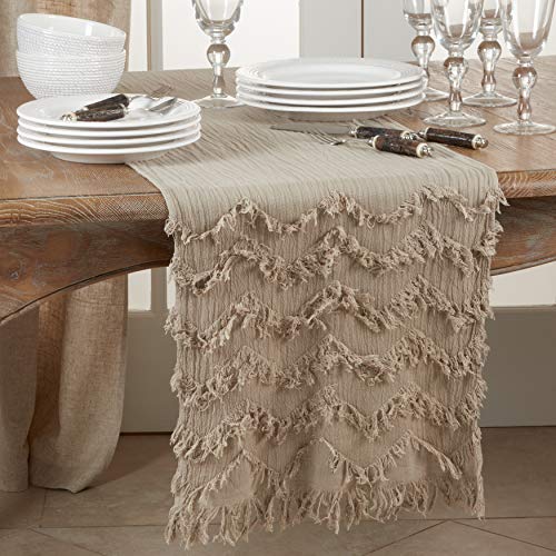 Saro Lifestyle Fringe Chevron Table Runner, 16"x72", Natural by SARO LIFESTYLE - Used condition - Image 4