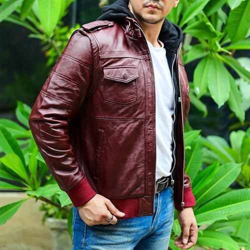 Image of Jild Hooded 2.0 Leather Jacket Men - Genuine Lambskin Leather Bomber Jacket with Removable Hood for Mens Fashion