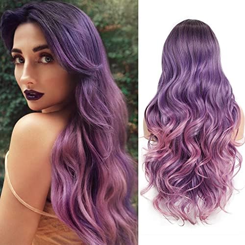 FAVE Purple Pink Wig Long Purple Wigs for Women Ombre Wig Colorful Wig Unicorn Color Hair Heat Resistant Synthetic Wig Natural Looking Dark Roots Wig (1B to Purple Pink)