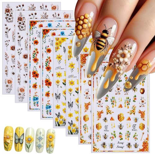 8 Sheets Multi Styles Sunflower Nail Art Stickers Summer Floral Self-Adhesive Yellow Orange Sun Flowers Butterfly Bees Decals Nail Sticker for Women Girls Manicure Tips Decoration