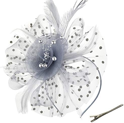DRESHOW Fascinators Hat Flower Mesh Ribbons Feathers on a Headband and a Clip Tea Party Headwear for Girls and Women