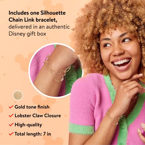 Disney Mickey Mouse Silhouette Chain Link Bracelet For Women, Girls In Authentic Jewelry Gift Box, Gold Tone Paperclip Design With Crystal Accent, 7” Length #TOP2