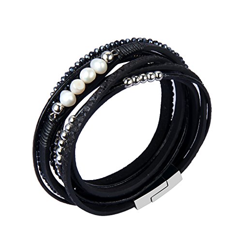 Azora Leather Wrap Bracelet Crystal Pearls Charm Straps Layered Cuff Bracelets For Women Girls Gift - Black #TOP1