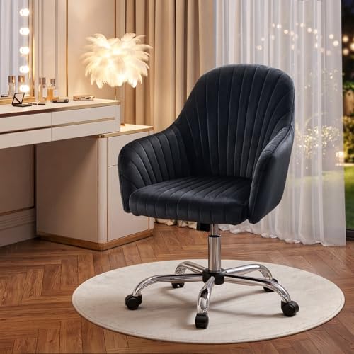 Image of Warmiehomy Velvet Desk Chair for Home Office, Modern Adjustable Swivel Task Chair, Women Vanity Chairs with Arm Rest for Bedroom Dressing Room, Classic Black