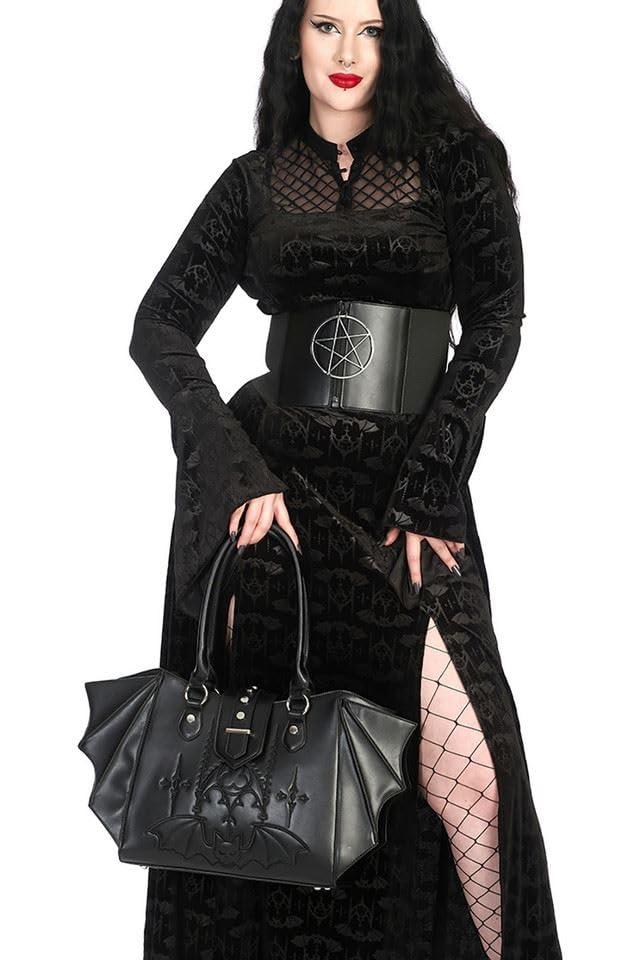 Banned Schwarze Gothic-Handtasche mit Fledermausflügel, Halloween-Wappen, Vampir, Alt-Stil, Handtasche