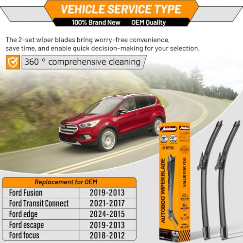 Image of AUTOBOO Windshield Wiper Blade Replacement for Ford Escape Edge Fusion | Fits Ford Escape 2013-2019,Fusion 2013-2019 Edge 2015-2024, Focus 2012-2018, 28 inch+28 inch, 2-pack, OEM quality