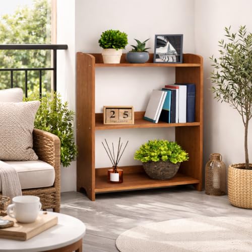 Image of Narrow Bookcase by Natural Wood, 3 Tier Bookshelf, Small Book Shelves Freestanding Display Storage Shelves. Open Bookshelf for Bedroom, Living Room and Office (Brown, 3 Tier Simple)