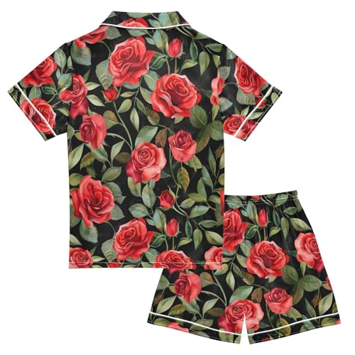 ALAZA Rose Flower with Leaves Black Pajamas Satin Pajama Set Short Sleeve Button Down Sleepwear2