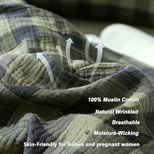 Image of VM VOUGEMARKET Green Navy Plaid Duvet Cover King Muslin Cotton Bedding Set Soft Breathable Linen Like 3-Layer Gauze Comforter Cover with Zipper Closure for Adults-3 Pieces,104 inchx90 inch