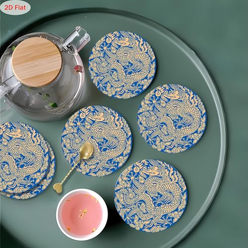 Image of 6pcs Dragon Pattern Coaster Set | Absorbent, Home Insulation Mats, Suitable for Family Gatherings, Cafes, Offices, All Occasions, Home Decor Christmas Gifts, Size Inches X Inches