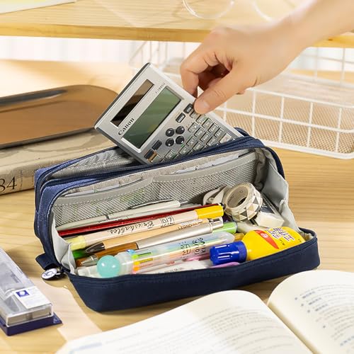 Image of Pencil Case Large Capacity Pencil Pouch Pen Bag with Extendable Big Compartment, Double Zipper Pencil Pouch School Office Stationery Organizer Bag for Girls Boys Teen Adults Men Women (Navy Blue)