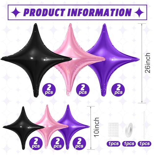Image of Black Purple Star Balloons,12Pcs Four Angle Star Foil Balloons