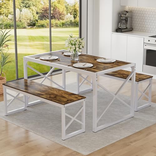 Image of VECELO 55 inch Kitchen Dining Table Set for 4, Heavy-Duty Steel Frame & Wood-Grain Tabletop, Space-Saving Dinette Sets with 2 Benches for Breakfast Nook and Small Space, Drak Brown