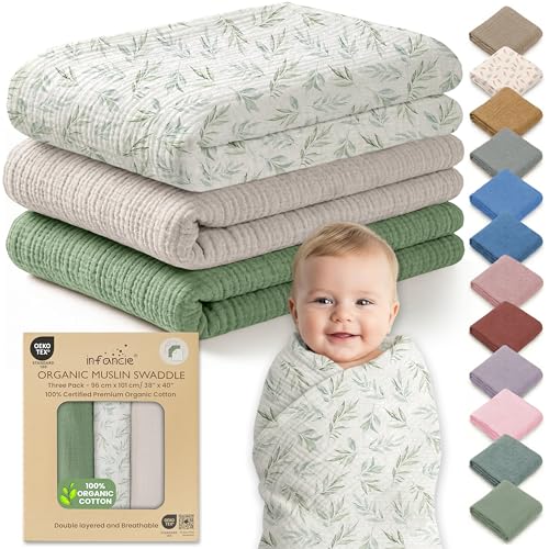 OEKO TEX 100% Organic Cotton 3 PK Muslin Blanket for Baby Girl 38x40 Inch