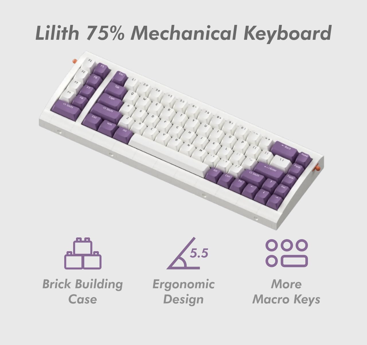 02Lilith Q 75% 5.5° Ergonomic Keyboard with OEM Keycap, Lego-Compatible Case, Gasket Mount, Wired, RGB, Hot-Swappable, Linear Switch, QMK, Vial for Win/Mac, Full Kit, White (Lilith Q 75%)