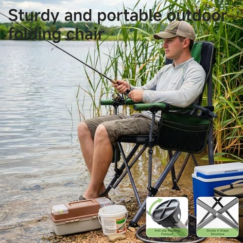 Image of Heavy Duty Folding Camping Chair Supports 400 LBS, Hard Arm Portable Outdoor Chair with Cup Holder & Storage Bag, Foldable Collapsible for Camp, Picnic, Lawn, Fishing,Green